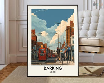 Barking London Poster, East London Riverside Wall Art, Modern Urban Landscape Illustration, UK Travel Decor