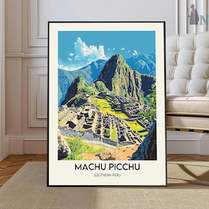 May include: A vintage travel poster featuring a colorful illustration of Machu Picchu, an ancient Incan citadel located in the Cusco Region of Peru. The poster includes the text "Machu Picchu" and "Southern Peru".