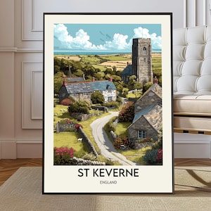 Pode incluir: Uma impressão artística emoldurada de St Keverne, Inglaterra, apresentando uma cena de vila com uma torre de igreja, casas e uma estrada sinuosa. A obra de arte tem um estilo ilustrativo colorido, com um céu azul e campos verdes. O texto "ST KEVERNE ENGLAND" está na parte inferior.