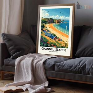 May include: A vintage travel poster featuring a colorful illustration of a beach scene with a sailboat in the distance. The poster is titled "Channel Islands, English Channel".
