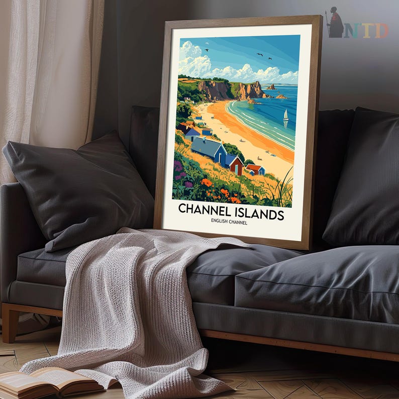 May include: A vintage travel poster featuring a colorful illustration of a beach scene with a sailboat in the distance. The poster is titled "Channel Islands, English Channel".