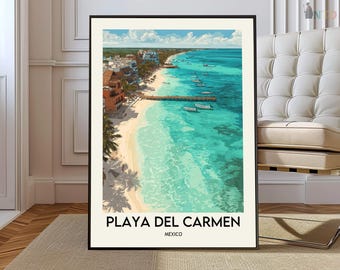 May include: A framed art print of Playa del Carmen, Mexico, featuring a vibrant turquoise ocean, white sandy beach, and buildings with red-tiled roofs. The print includes the text "PLAYA DEL CARMEN MEXICO" at the bottom.
