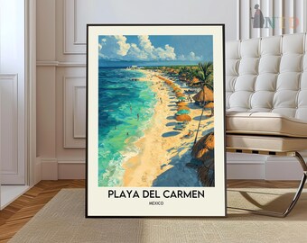 Pode incluir: Um pôster emoldurado com uma ilustração colorida de uma cena de praia. O pôster apresenta um oceano azul, areia branca, palmeiras e pessoas curtindo a praia. O texto no pôster diz "Playa del Carmen, México".