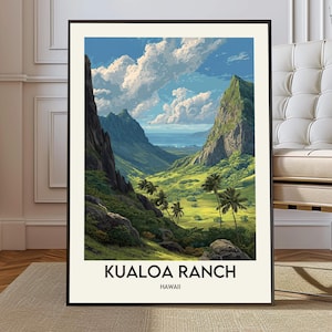 May include: A framed vertical art print featuring a landscape of Kualoa Ranch, Hawaii. The image displays lush green mountains, a valley with palm trees, and a blue sky with white clouds. The text KUALOA RANCH HAWAII is printed at the bottom.
