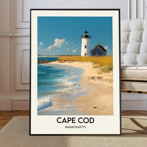 Cape Cod Massachusetts Poster, Neuengland Küste Strand Wandkunst, Leuchtturm Ozean Landschaft Illustration