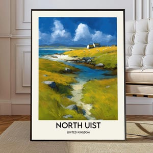 May include: A framed landscape print of North Uist, United Kingdom. The artwork depicts a vibrant coastal scene with a blue sky, white clouds, and a winding stream. The foreground features yellow-green grass and rocks, with small white buildings in the distance.