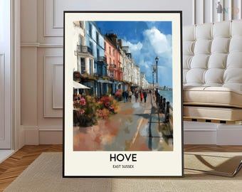 Hove UK Poster Print, Brighton & Hove Seafront Coastal Wall Art, Scenic Town Map Decor, Travel Illustration Gift