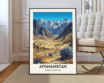 May include: A vintage travel poster depicting a scenic view of a mountain range in Afghanistan. The poster has a brown background with a light blue sky and white snow-capped mountains. The text "Afghanistan" is printed in bold white letters at the bottom of the poster, with the words "Central & South Asia" printed in smaller white letters below.