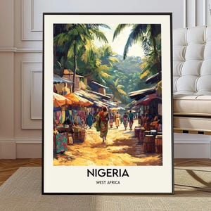 May include: A framed art print depicting a vibrant street scene in Nigeria, West Africa. The artwork showcases a bustling marketplace with people, shops, and lush palm trees. The word "NIGERIA" is printed at the bottom.