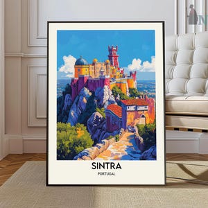 May include: A colorful illustration of Pena National Palace in Sintra, Portugal. The palace is perched on a hilltop with lush green trees and a blue sky in the background. The text "SINTRA PORTUGAL" is at the bottom of the image.