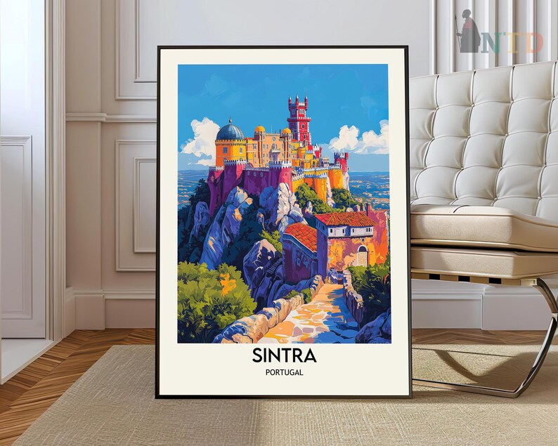 May include: A colorful illustration of Pena National Palace in Sintra, Portugal. The palace is perched on a hilltop with lush green trees and a blue sky in the background. The text "SINTRA PORTUGAL" is at the bottom of the image.