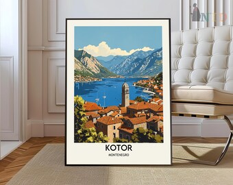 May include: A vintage travel poster featuring a colorful illustration of Kotor, Montenegro. The poster depicts a picturesque town with a tall tower, surrounded by mountains and a blue bay. The text "Kotor, Montenegro" is printed at the bottom of the poster.