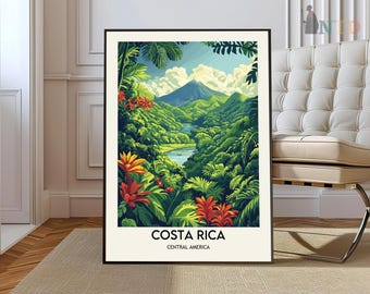 Pode incluir: Uma impressão artística emoldurada com uma paisagem da Costa Rica. A obra de arte retrata um vale verde exuberante com um rio, um vulcão e flores coloridas. O texto "COSTA RICA CENTRAL AMERICA" está na parte inferior.