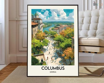 Póster impreso de Columbus, Georgia; Arte mural del paseo fluvial del río Chattahoochee; Mapa decorativo de una ciudad del sur; Río Chattahoochee; Mapa del oeste de Columbus, Georgia