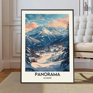 May include: A framed art print of a winter ski resort scene. The artwork depicts snow-covered mountains, trees, and buildings under a blue sky with pink and orange clouds. The text "PANORAMA SKI RESORT" is at the bottom.