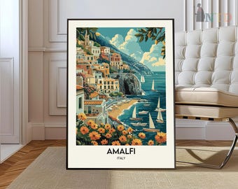 May include: A colorful illustration of the Amalfi Coast in Italy, featuring a hillside town with buildings in shades of yellow, orange, and red. The town is situated on a cliff overlooking a turquoise sea with sailboats. The image is framed with a black border and includes the text "Amalfi, Italy".