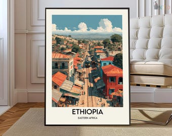 May include: A framed art print featuring a vibrant illustration of an Ethiopian townscape. The artwork depicts buildings with red roofs, a railway, and figures of people. The sky is blue with fluffy white clouds. The text "ETHIOPIA" and "EASTERN AFRICA" are at the bottom.