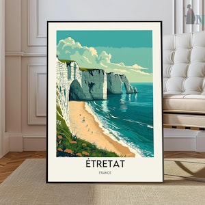 Cartel de viaje de Etretat, Impresión de arte de Étretat, Ilustración de Étretat, Regalo de Normandía Etretat, Cartel de viaje, Cartel de Francia, Acantilados de Falaise d'Amont