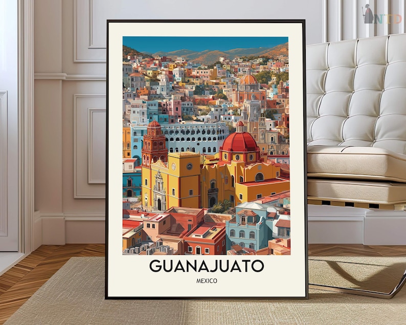 Guanajuato Mexiko Poster Druck | Bunte Koloniale Stadt Wandkunst | Historische Altstadt Strasse Illustration | Reise-Dekor-Geschenk Bild 1