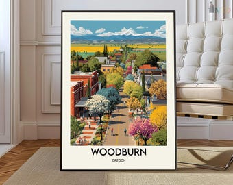 Puede incluir: Una impresión artística enmarcada de Woodburn, Oregón, que presenta una colorida escena callejera con árboles, edificios y personas. La obra de arte tiene un estilo de cartel de viaje vintage, con un cielo azul, montañas y el texto "WOODBURN OREGON" en la parte inferior.