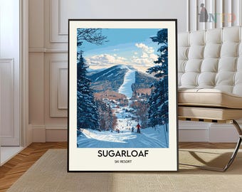 Póster de la estación de esquí Sugarloaf: Impresión artística de las montañas de Maine