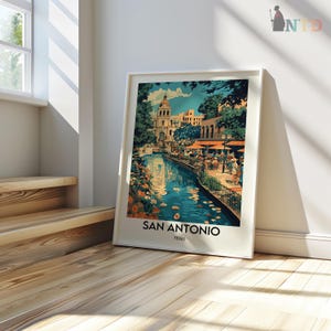 May include: A vintage-style travel poster featuring a colorful illustration of a river scene in San Antonio, Texas. The poster has a white background with black text that reads "San Antonio, Texas".