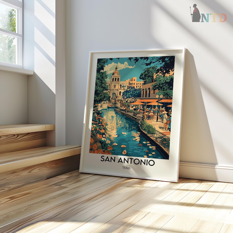 May include: A vintage-style travel poster featuring a colorful illustration of a river scene in San Antonio, Texas. The poster has a white background with black text that reads "San Antonio, Texas".