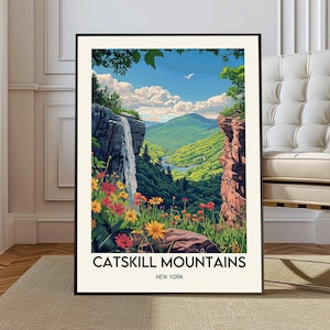 Puede incluir: Una ilustración colorida de una cascada que cae por un acantilado en las montañas Catskill de Nueva York. La imagen presenta un bosque verde vibrante, un río azul y una variedad de flores silvestres en tonos de amarillo, naranja y rojo.