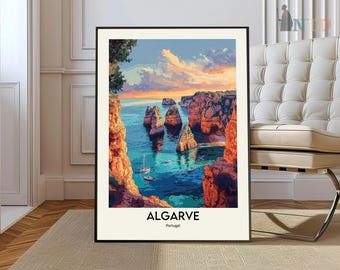 May include: A colorful illustration of a coastal landscape with rocky cliffs and blue water. The text "ALGARVE Portugal" is at the bottom of the image.