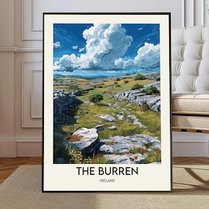 May include: A framed landscape print of The Burren in Ireland. The artwork depicts a vibrant scene with a bright blue sky filled with fluffy white clouds. The foreground shows a rocky terrain with green grass and small trees.