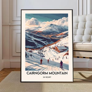 Póster de la estación de esquí de Cairngorm Mountain, arte mural de la estación de esquí de Cairngorm Mountain, montaña Cairngorm en las Tierras Altas de Escocia, estación de esquí de Cairngorm Mountain