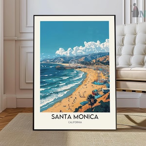Santa Monica Pier Travel Print California Beach Wall Art Santa Monica Pier Illustration Travel Poster Gift For Santa Monica Beach Home Decor