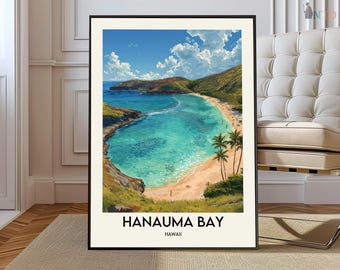 Pôster da Baía de Hanauma, Havaí, Arte de Parede com Recifes de Coral em Oahu, Mapa Decorativo com Paisagem, Ilustração de Viagem Tropical - Presente Ideal