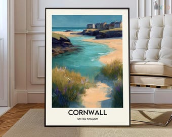 May include: A framed art print featuring a coastal landscape of Cornwall, United Kingdom. The artwork depicts a turquoise river flowing into the sea, with a sandy beach and buildings in the background. The print has a black frame and the text "CORNWALL" and "UNITED KINGDOM".