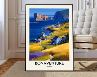 May include: A framed art print of Bonaventure Island. The artwork depicts a coastal landscape with white buildings, a large rock formation, and a blue ocean under a clear sky. The print has the text "BONAVENTURE ISLAND" at the bottom.