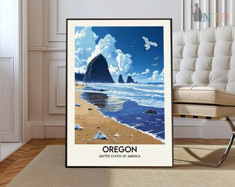 May include: A vintage-style travel poster featuring a scenic view of Haystack Rock and the Pacific Ocean in Oregon. The poster has a blue, green, and white color scheme and features the text "Oregon, United States of America".