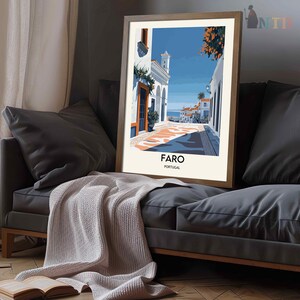 May include: A colorful illustration of a street scene in Faro, Portugal. The image features white buildings with orange tile roofs, a cobblestone street, and a blue sky with white clouds.