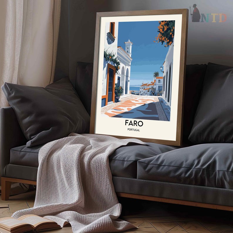 May include: A colorful illustration of a street scene in Faro, Portugal. The image features white buildings with orange tile roofs, a cobblestone street, and a blue sky with white clouds.