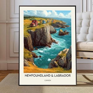 May include: A framed print of a coastal landscape featuring colorful houses on a cliff overlooking the ocean. The artwork showcases a vibrant scene with blue water, rocky cliffs, and the text "NEWFOUNDLAND & LABRADOR CANADA".