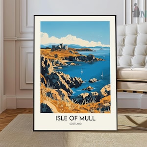 May include: A colorful illustration of a coastal landscape with a castle in the distance. The image is titled "Isle of Mull, Scotland".