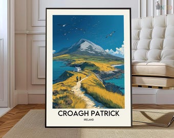 Poster di Croagh Patrick, Irlanda, arte murale della Sacra Montagna della Contea di Mayo, illustrazione di un suggestivo paesaggio atlantico.