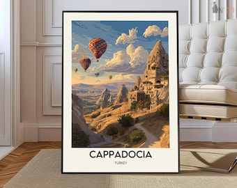 May include: A framed print of Cappadocia, Turkey, featuring hot air balloons floating over a unique landscape of rock formations and a winding road. The sky is a mix of blue and orange, with fluffy white clouds. The print has the text "Cappadocia" and "Turkey".