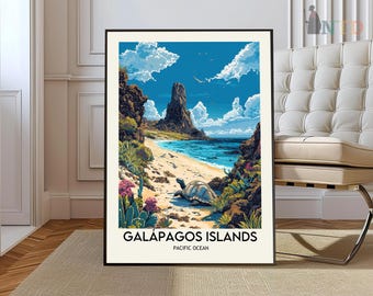 Pode incluir: Um pôster de viagem vintage com uma vista panorâmica das Ilhas Galápagos. O pôster representa uma ilha rochosa com uma paisagem verde exuberante, uma praia de areia e um oceano azul claro. Uma tartaruga gigante caminha pela praia. O texto "GALÁPAGOS ISLANDS" e "PACIFIC OCEAN" está impresso na parte inferior do pôster.