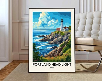 Portland Head Light Art, Portland Head Light Print, Portland Watercolor, Portland Maine Gift, Travel Poster, Portland Head Light art