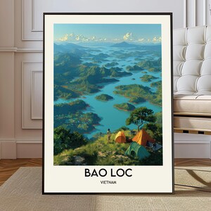 May include: Framed art print of Bao Loc, Vietnam. The landscape features a vibrant blue lake surrounded by green hills and mountains under a clear sky. Camping tents are visible on a hilltop. The text "BAO LOC VIETNAM" is printed at the bottom.