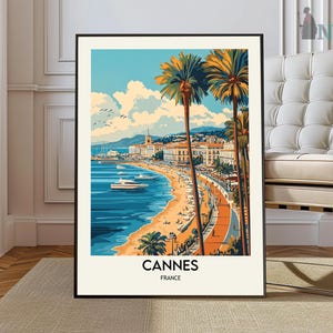 Póster de Cannes, Impresión de viaje a Cannes, Póster de viaje a Francia, Decoración tropical, Arte playero, Impresión de la Riviera Francesa, Regalo de Cannes, Impresión de la Costa Azul