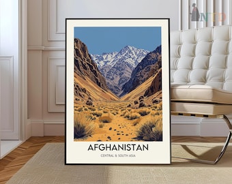 May include: A vintage travel poster depicting a scenic view of a mountain range in Afghanistan. The poster has a brown, yellow, and green colour scheme and features the text "Afghanistan, Central & South Asia".