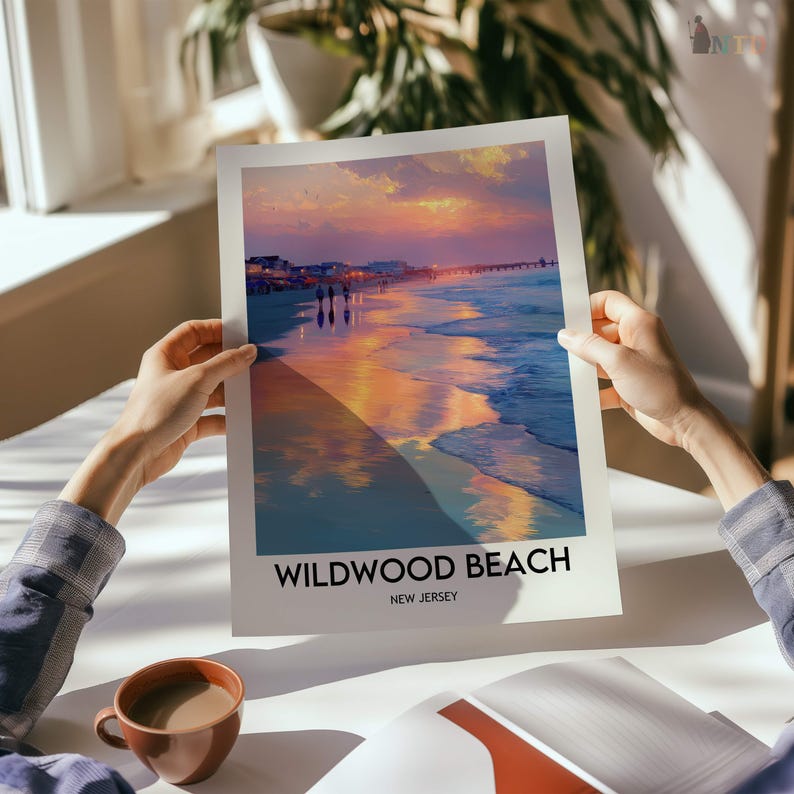 K&ouml;nnte beinhalten: Ein Poster von Wildwood Beach mit einem Sonnenuntergang &uuml;ber dem Meer. Das Bild zeigt einen Strand mit Menschen, die am Ufer entlang spazieren, mit dem Text "Wildwood Beach, New Jersey" in schwarzer Schrift.