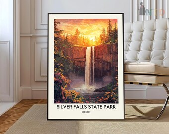 May include: A framed print of a painting depicting a waterfall in a forest setting. The painting is titled "Silver Falls State Park, Oregon".