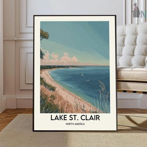 May include: A vintage-style poster with a blue and green illustration of Lake St. Clair, North America. The poster has a white background and black frame.